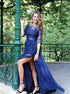 A Line Half Sleeve Royal Blue Tulle Appliques Prom Dress with Slit LBQ3233